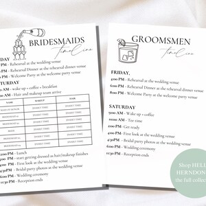 May include: A printable wedding timeline for bridesmaids and groomsmen. The timeline includes a list of events for both Friday and Saturday, with times and descriptions. The bridesmaids' timeline includes a table for hair and makeup.