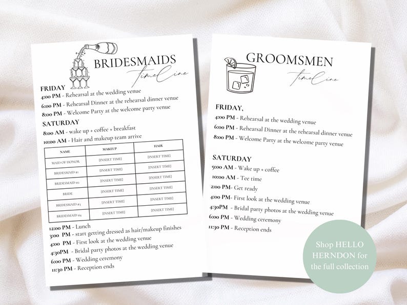 May include: A printable wedding timeline for bridesmaids and groomsmen. The timeline includes a list of events for both Friday and Saturday, with times and descriptions. The bridesmaids' timeline includes a table for hair and makeup.