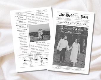 Hochzeitsprogramm Zeitungsvorlage mit Foto, Hochzeitsprogramm, Hochzeitszeitungsvorlage, Jungvermähltenzeiten, bearbeitbarer Zeitungsreiseplan