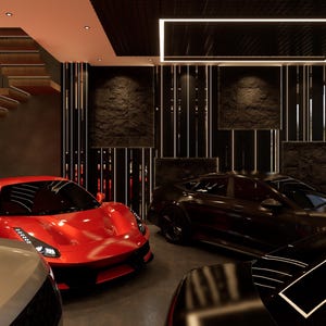 Puede incluir: Un coche deportivo rojo estacionado en un garaje con paredes negras y una escalera de madera. Otros dos coches están estacionados detrás, uno negro y otro gris oscuro.