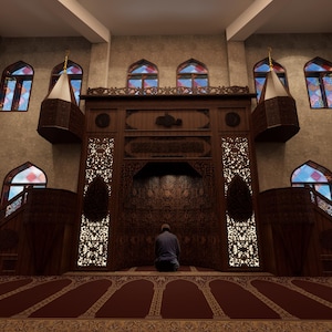 May include: Interior of a mosque with detailed wooden features and stained-glass windows. A person kneels in prayer on a patterned carpet. The architecture showcases intricate carvings and a warm colour scheme.