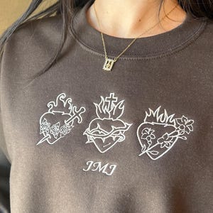 Holy Family Hearts Embroidered Sweatshirt, Sacred Heart of Jesus, Immaculate Heart, Most Chaste Heart, Catholic Gift, Christian Apparel