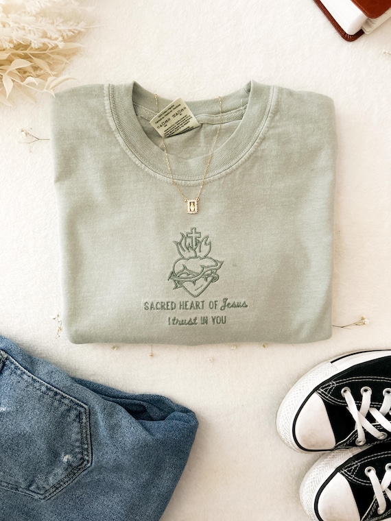 Sacred Heart Embroidered T-Shirt, Sacred Heart of Jesus, Catholic Gift, Jesus I Trust in You Shirt, Faith Based Christian Apparel