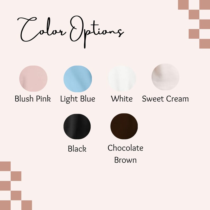 Pu&ograve; includere: Opzioni di colore per un prodotto, tra cui rosa tenue, azzurro, bianco, crema dolce, nero e marrone cioccolato.