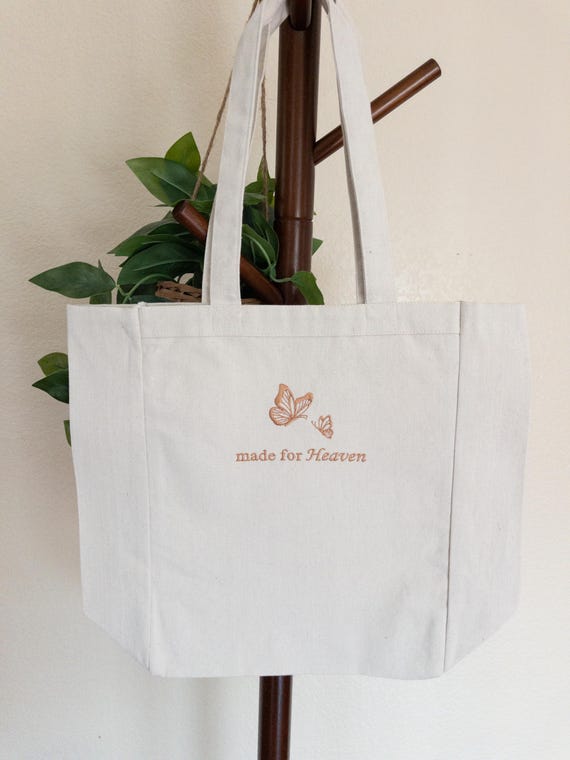Embroidered Christian Canvas Tote Bag Made for Heaven Butterly Bible Study Bag Faith Based Christian Gift Baptism Back to School Book Bag