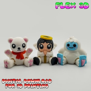 May include: Three 3D-printed figurines: a white bear with a red scarf, an angel with a gold halo, and a blue-faced yeti. The bear has pink accents, the angel has black hair, and the yeti has blue feet. Text reads "FLEX 3D" and "DIGITAL DOWNLOAD FOR 3D PRINTING."