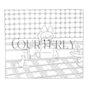 May include: A black and white line drawing of a girl with a bow in her hair sitting at a table drinking from a cup. A cat sits on the floor next to the table. The table has a patterned tablecloth.