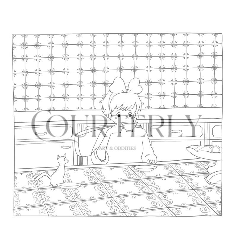 May include: A black and white line drawing of a girl with a bow in her hair sitting at a table drinking from a cup. A cat sits on the floor next to the table. The table has a patterned tablecloth.