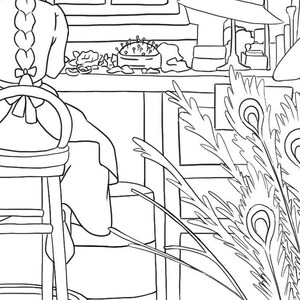 May include: A black and white line drawing of a woman sitting at a table with a sewing pincushion and a peacock feather plant in the background.