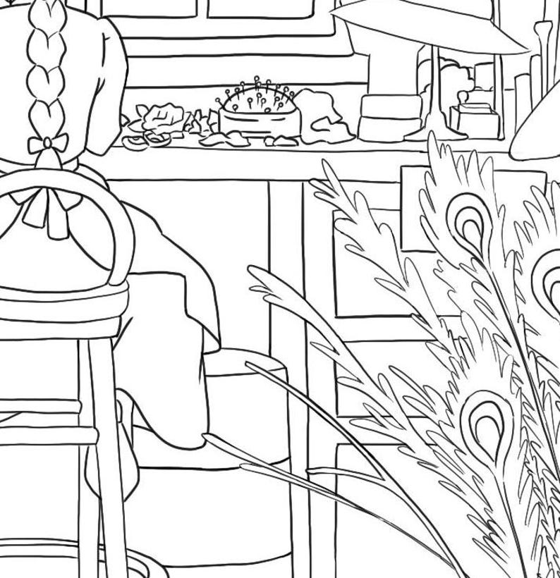 May include: A black and white line drawing of a woman sitting at a table with a sewing pincushion and a peacock feather plant in the background.