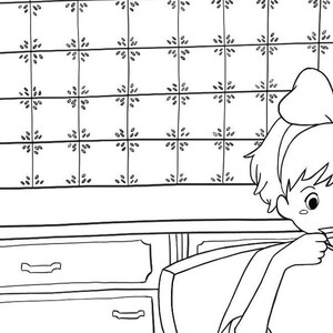 May include: Black and white line drawing of a girl with a bow in her hair sitting at a table with a drawer. The girl is looking down at something in her hands.