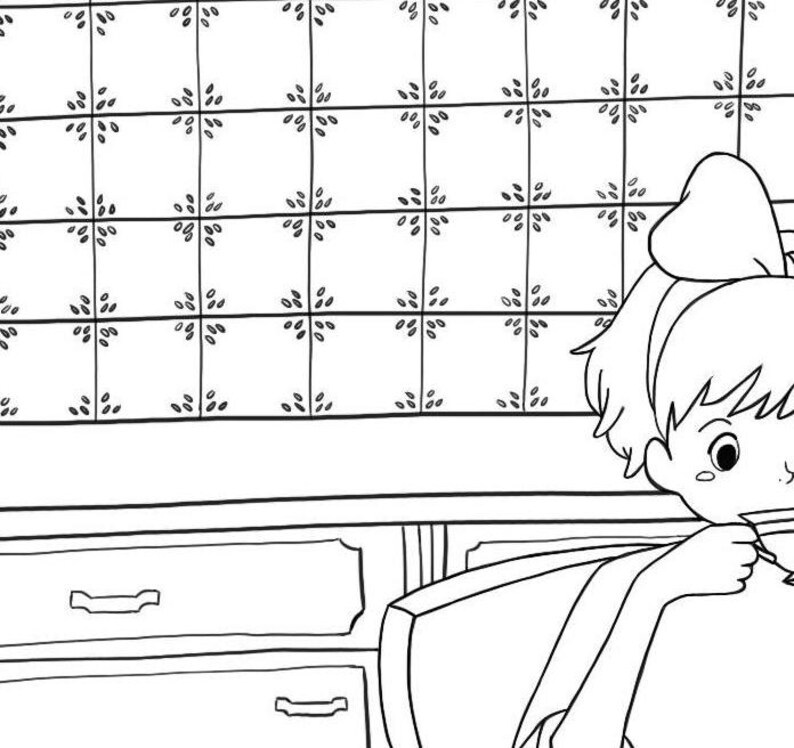 May include: Black and white line drawing of a girl with a bow in her hair sitting at a table with a drawer. The girl is looking down at something in her hands.