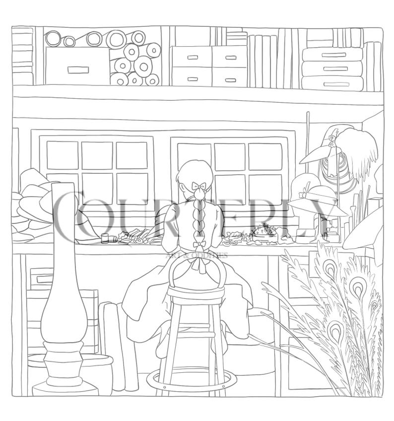 May include: A black and white line drawing of a woman sitting at a table with a variety of objects on it. She is wearing a dress and has her hair pulled back in a ponytail. There are several windows in the background, and a large plant in the foreground.