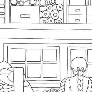 May include: A black and white line drawing of a room with a window, a shelf with a drawer and a stack of rolled up items, and a person standing in the room looking out the window.