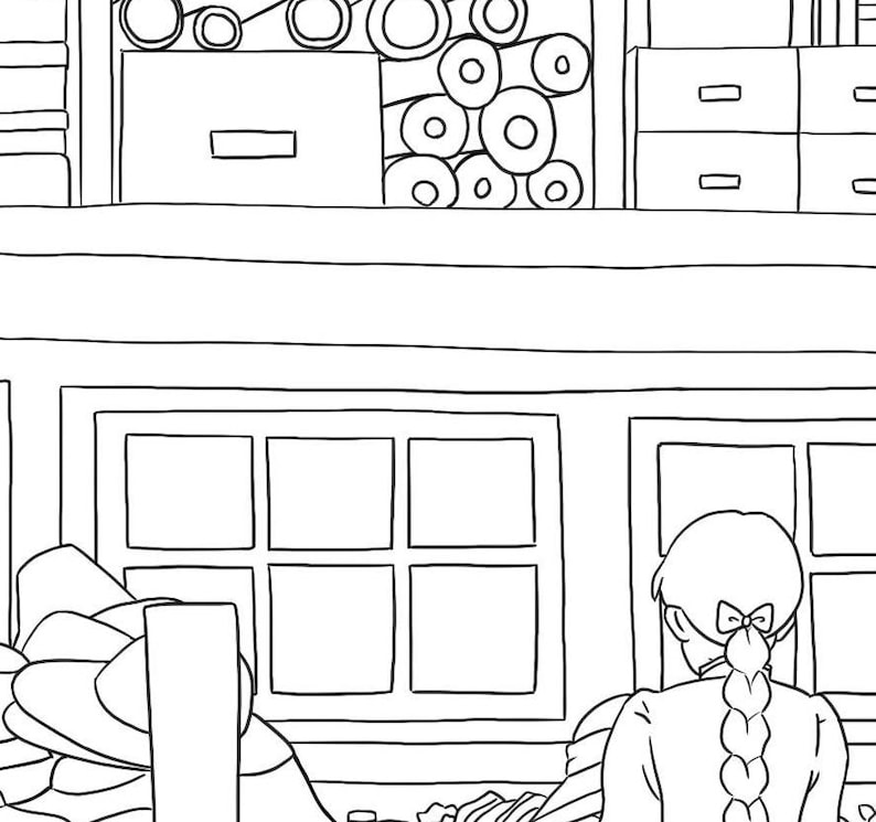 May include: A black and white line drawing of a room with a window, a shelf with a drawer and a stack of rolled up items, and a person standing in the room looking out the window.