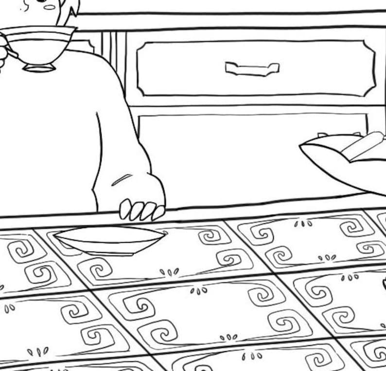 May include: A black and white line drawing of a person sitting at a table with a cup and saucer in their hand. The table has a patterned tablecloth.