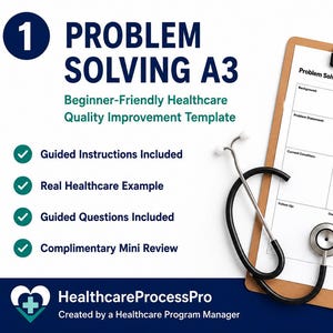 May include: A Problem Solving A3 healthcare quality improvement template on a clipboard with a stethoscope and pen. The document includes sections for background, problem statement, goal, current condition, root cause analysis, and action plan.