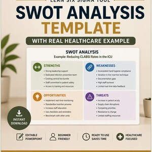 May include: A white and green SWOT analysis template with the text "Lean Six Sigma Tool" and "SWOT Analysis Template". The template includes sections for Strengths, Weaknesses, Opportunities, and Threats, with a healthcare example. It is an instant download.