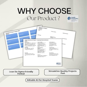 May include: Image features three white A3 report templates with blue and black text. The text reads "WHY CHOOSE Our Product?" and "Health ProcessPro." Additional text includes "Lean Six Sigma-Friendly Format" and "Streamline Quality Projects Fast."