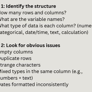 Puede incluir: Un gr&aacute;fico beige claro con el texto "Paso 1: Identificar la estructura" y vi&ntilde;etas sobre el an&aacute;lisis de datos, incluyendo filas, columnas y tipos de datos. "Paso 2: Buscar problemas obvios" enumera problemas como columnas vac&iacute;as y filas duplicadas.
