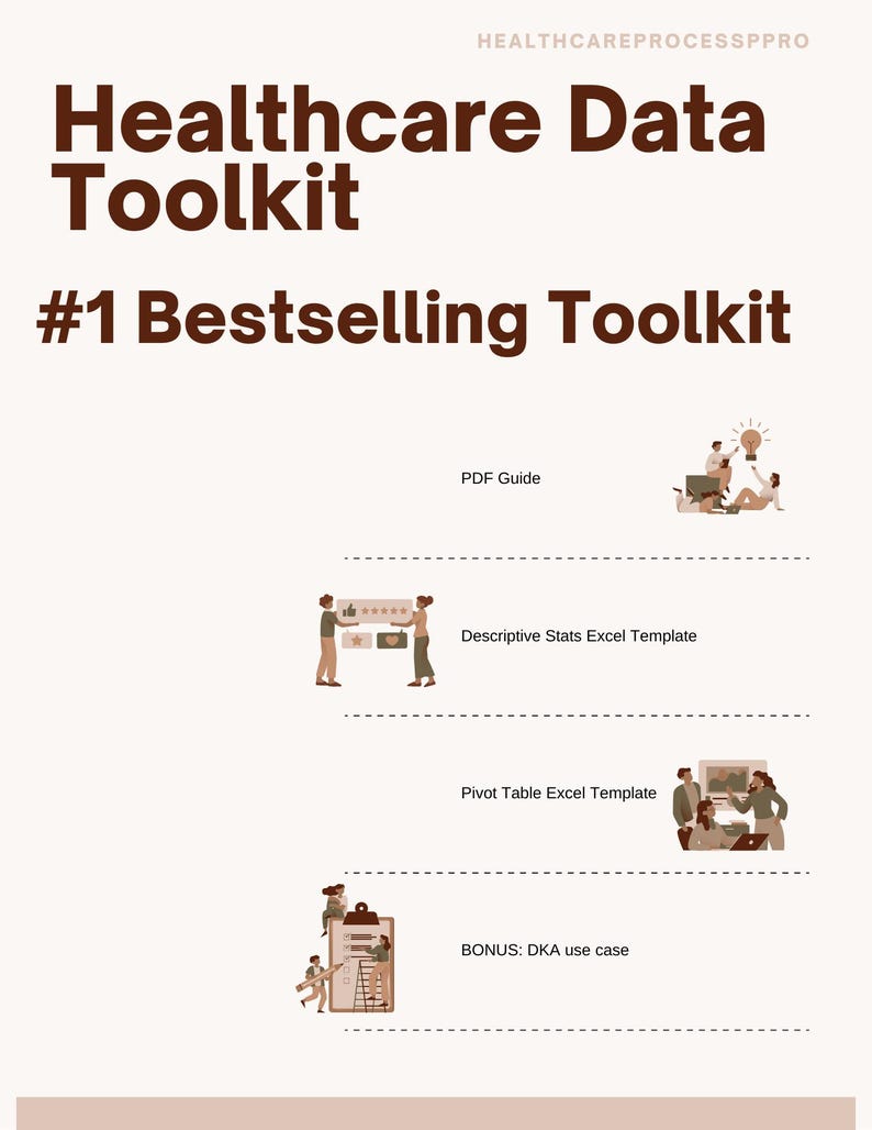 Puede incluir: Gr&aacute;fico crema con el texto "Healthcare Data Toolkit" y "#1 Bestselling Toolkit" en marr&oacute;n. La imagen incluye ilustraciones y texto para una gu&iacute;a PDF, una plantilla de Excel de estad&iacute;sticas descriptivas, una plantilla de tabla din&aacute;mica y una bonificaci&oacute;n de caso de uso DKA.
