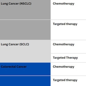 May include: A table detailing cancer treatments. It lists types of cancer, treatment methods like chemotherapy and targeted therapy, and specific medications. The table includes information on lung and colorectal cancers.