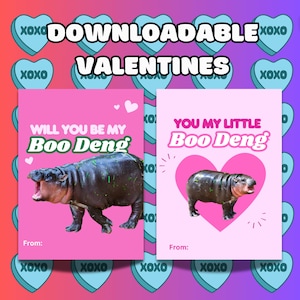 Moo Deng Valentinstag Karte | Druckbare lustige Themen Valentinstag Karte | Sofortiger Download für Paare, Kinder und Freunde