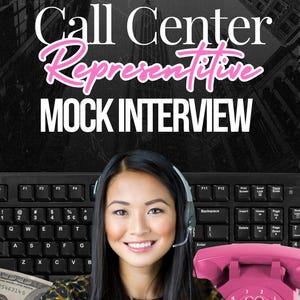 May include: A woman wearing a headset and leopard print shirt smiles at the camera. She is sitting in front of a keyboard and a pink rotary phone. The text "Call Center Representative Mock Interview" is displayed above her.