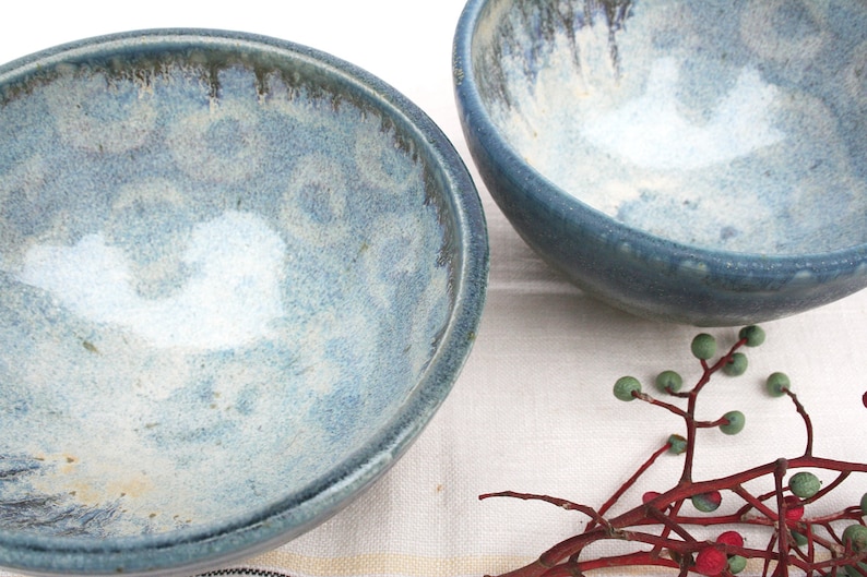 dots Pair of stormy blue and lavender blue soup bowls two Slate blue circles mixing hand decorated cereal sturdy. salad light blue