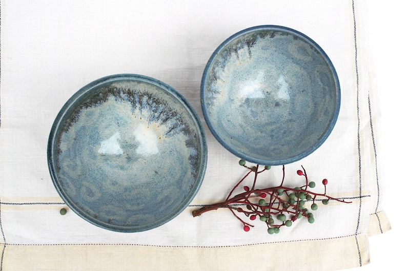 dots Pair of stormy blue and lavender blue soup bowls two Slate blue circles mixing hand decorated cereal sturdy. salad light blue
