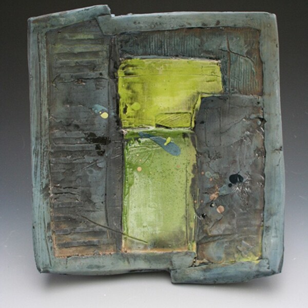 Hand-built decorative platter. Plate, wall hanging, rustic, modern, blue, gray, chartreuse.