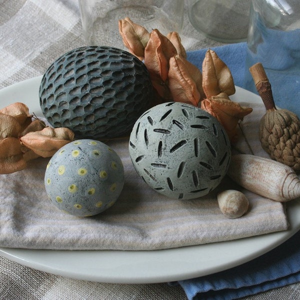 Group of three decorative ceramic spheres (eggs) in blue, blue green and yellow 29