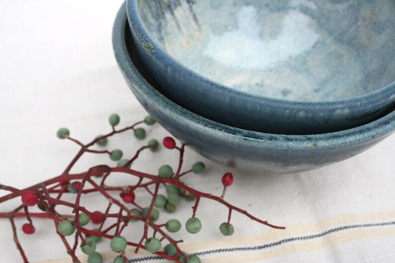 dots Pair of stormy blue and lavender blue soup bowls two Slate blue circles mixing hand decorated cereal sturdy. salad light blue