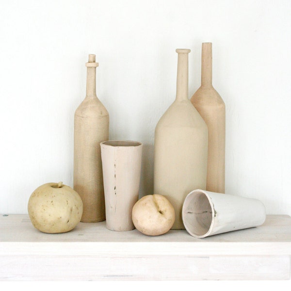 Ceramic still life for your mantle. Bottles, fruit, apple, peach, natural, neutral, tan, runstic, handmade.