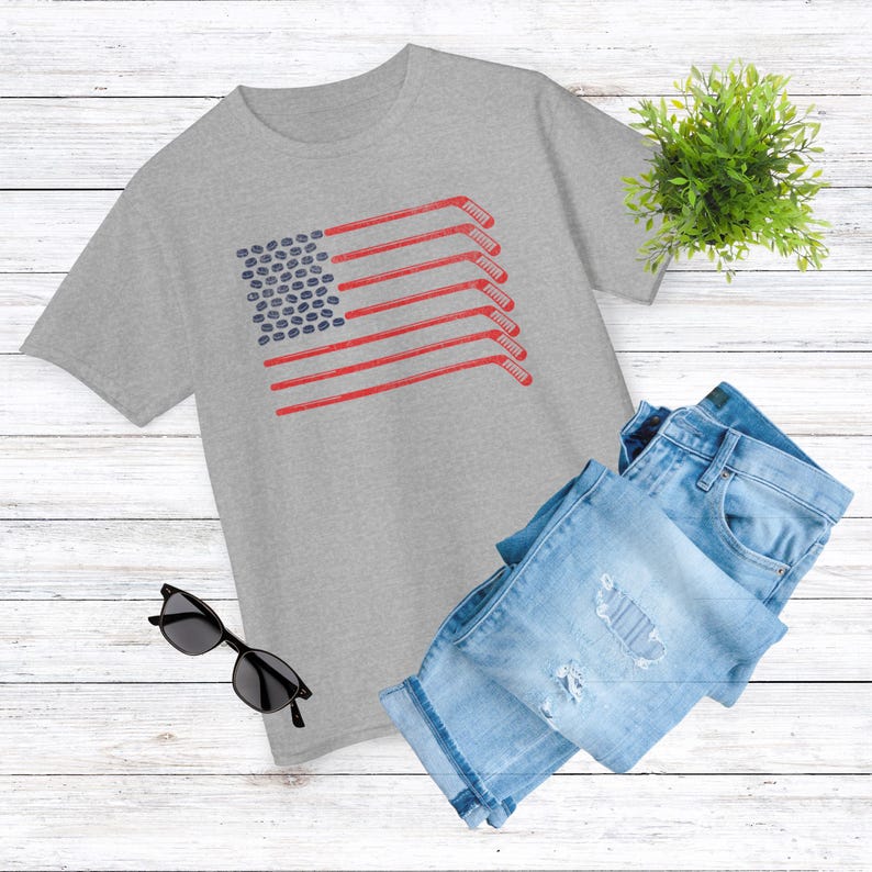 Hockey American Flag T Shirt in Sport Grey