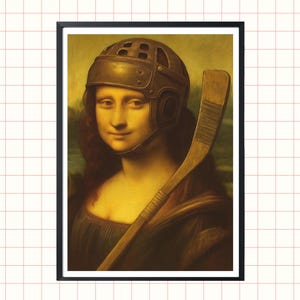 Arte de pared de hockey imprimible – Impresión divertida de la Mona Lisa de hockey – Descarga digital – Decoración de pared para dormitorio para hombre o mujer – Decoración deportiva vintage