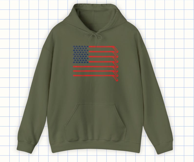 American Flag Hockey Hoodie For Men, Women, Teens in Military Green