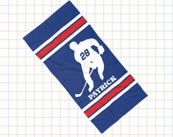 Custom Beach Towel With Hockey Player - Personalized Sports Towels For Team Gift - Hockey Gift for Boys or Girls - Summer Game Day Gear