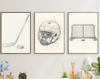 Printable Hockey Wall Art For Dorm Room - Set of 3 Hockey Equipment Prints - Boys Room Decor - Digital Download Sports Art - Hockey Gift