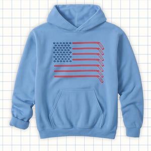 Kids Hockey Flag Hoodie - USA Youth Hockey Sweatshirt for Boys or Girls - American Sports Pullover - Patriotic Gift for Hockey Fans