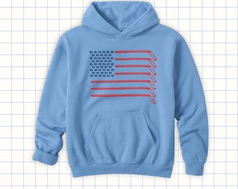 Kids Hockey Flag Hoodie - USA Youth Hockey Sweatshirt for Boys or Girls - Patriotic Hoodie For Child