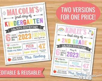 Back to School Sign, White Background, First & Last Day, Editable, Reusable, Boy, Girl, 11x14/8.5x11 Printable, Instant Edit + Download S01