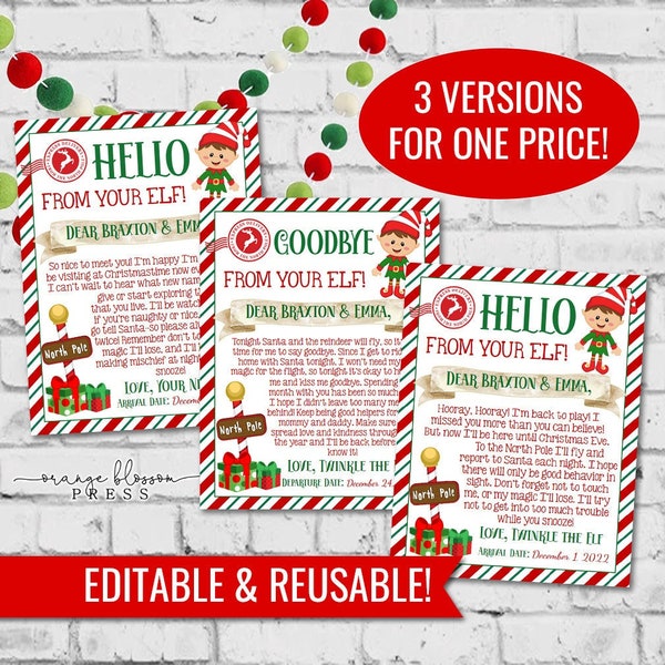 Elf Welcome Letter, Goodbye Letter, Hello New Elf Letter, Elf Note, Personalized, Reusable Set, Custom Editable, Instant Edit/Download