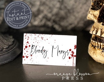 Bloody Tent Cards, Blood Spatter Place Cards, Scary, Halloween Party, Editable, Reusable, Personalized Printable, Instant Edit & Download H1