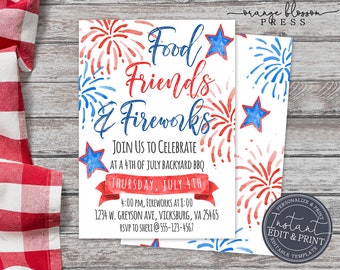 4th of July Invitation, Fourth of July Celebration, BBQ Fireworks, Neighborhood Block Party, Personalized Editable, Instant Edit & Download