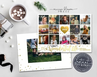 Crazy Wonderful Life Photo Christmas Card, Holiday Card, Faux Gold Foil, Multiple Photo Collage, Digital or Printed, Instant Edit & Download