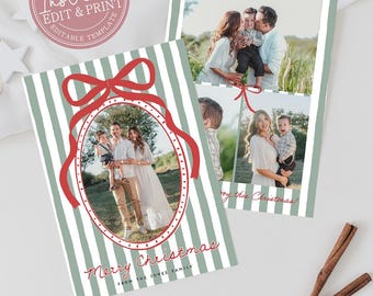 Photo Christmas Card Template, Red Bow Stripes, Whimsical, Hand Drawn, Personalized, Digital or Printed Options, Instant Edit & Download