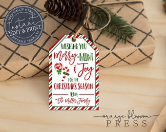 Etichette regalo alla menta di Natale, etichette regalo, acquerello, modificabile e riutilizzabile, stampabile personalizzato, modifica e download istantaneo