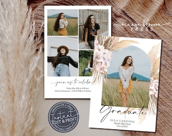 Graduation Announcement, Custom Photo Graduation Invitation, Boho Floral Pampas Design,Bohemian, Digital or Printed, Instant Edit & Download