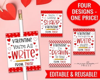 May include: Four printable Valentine's Day gift tags featuring pencils and hearts. The tags say "Valentine You're All Write", "Valentine You've Got The Write Stuff", "Valentine I'm Drawn To You", and "Valentine You're Looking Sharp".